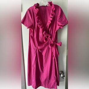 EUC $168! LAFAYETTE 148 NEW YORK WINFREY FAUX WRAP DRESS-PINK W/ RUFFLE SIZE 14